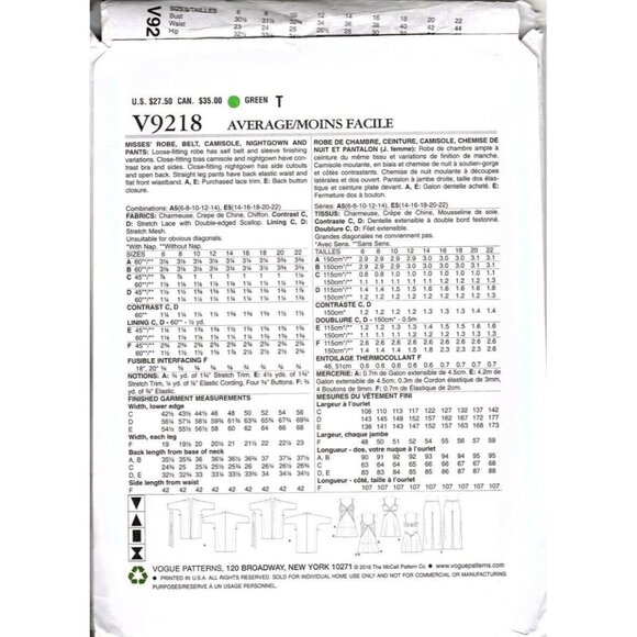 Vogue V9218 Misses 14 to 22 Robe, Nightgown, Camisole and Pants Sewing Pattern - Picture 2 of 2